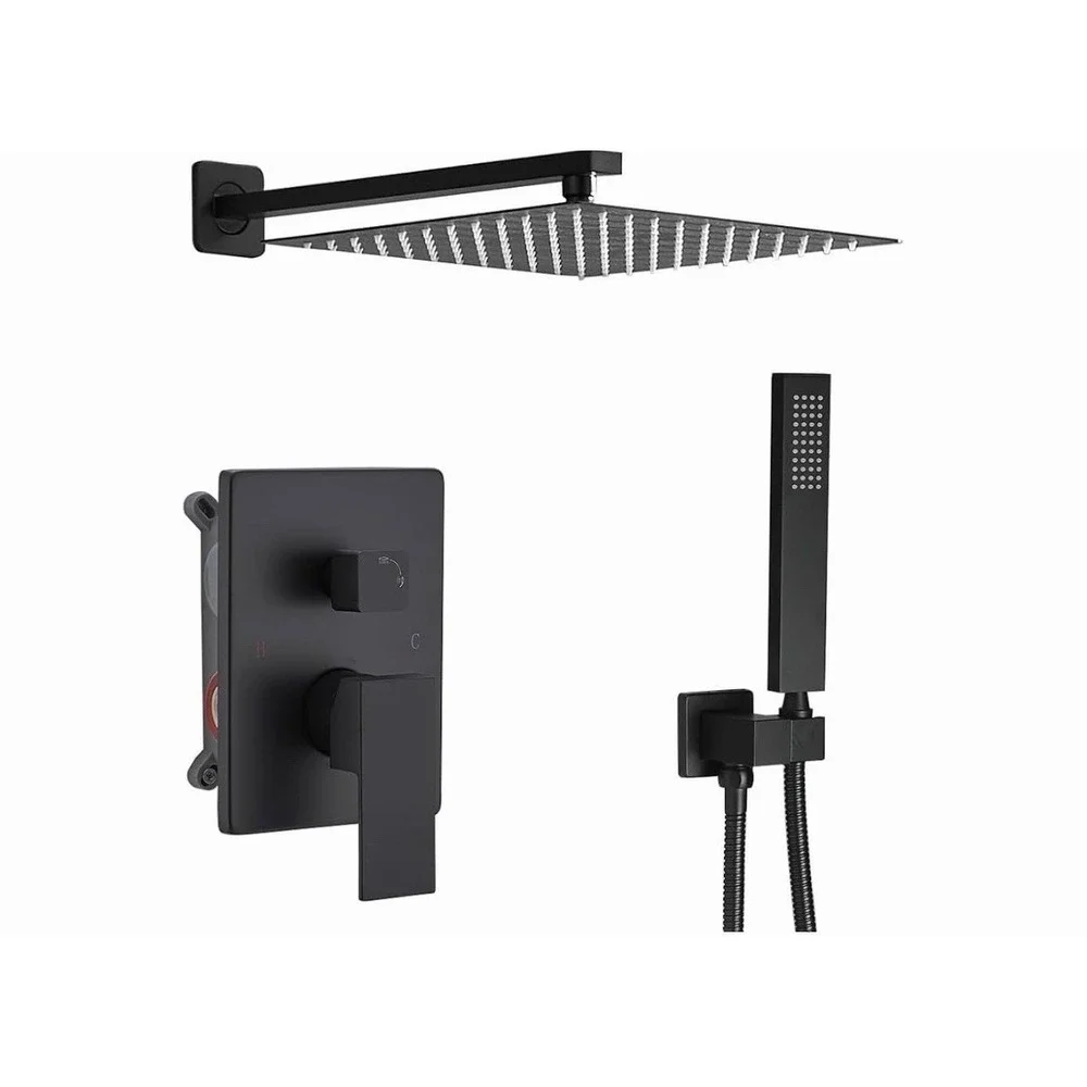 Matte Black Shower Faucet Set Rainfall Shower Head Mixer Valve Wall Mount System